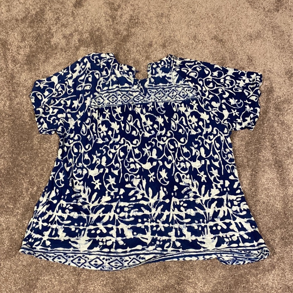Lucky Brand Navy Blue White Boho Print Short Sleeve Blouse Top SIZE S - Picture 5 of 6